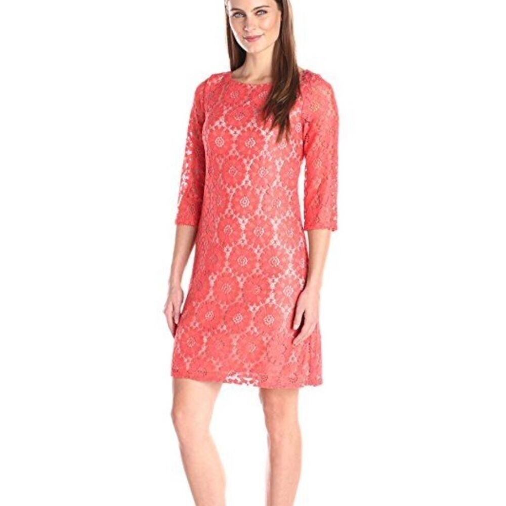 JESSICA HOWARD Lace Overlay 3/4-Sleeve Floral Shift Dress in Coral Sz 6